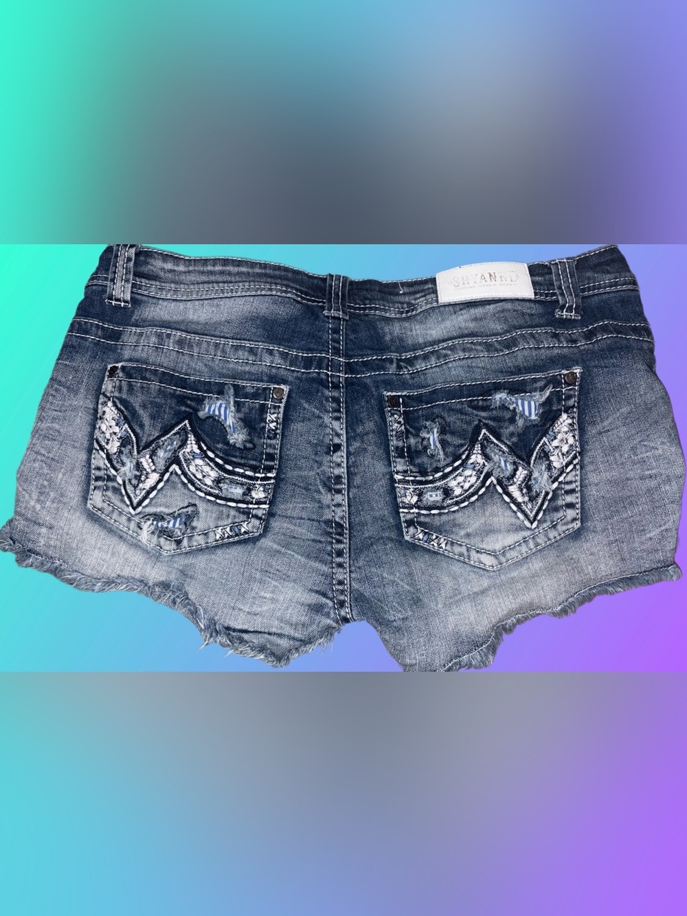 Shyanne Distressed Embroidered Denim Shorts - Dark Blue ❤️ - Picture 2 of 2